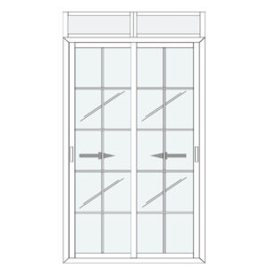 Baie vitrée coulissante 2 vantaux blancs – petits carreaux avec imposte