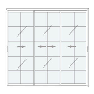 Baie vitrée coulissante 3 vantaux blancs – petits carreaux