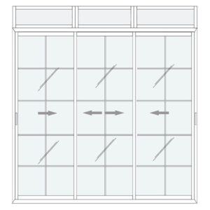 Baie vitrée coulissante 3 vantaux blancs – petits carreaux avec imposte